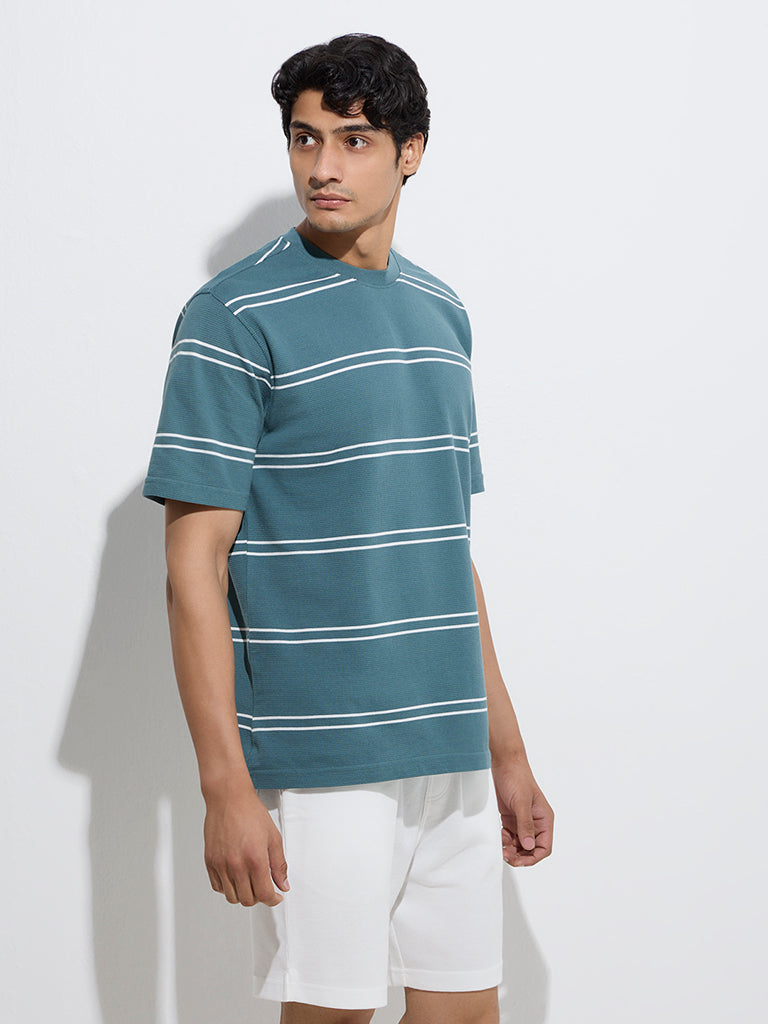 WES Lounge Teal Stripe Relaxed-Fit Cotton-Blend T-Shirt - Image 2