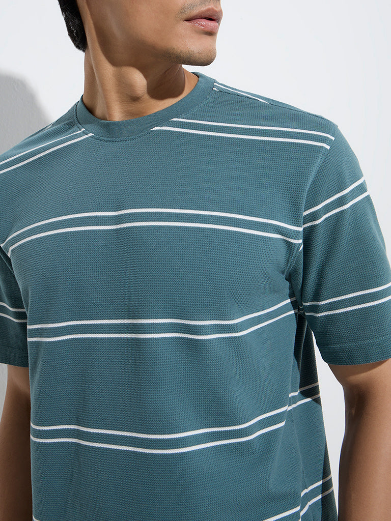 WES Lounge Teal Stripe Relaxed-Fit Cotton-Blend T-Shirt - Image 3