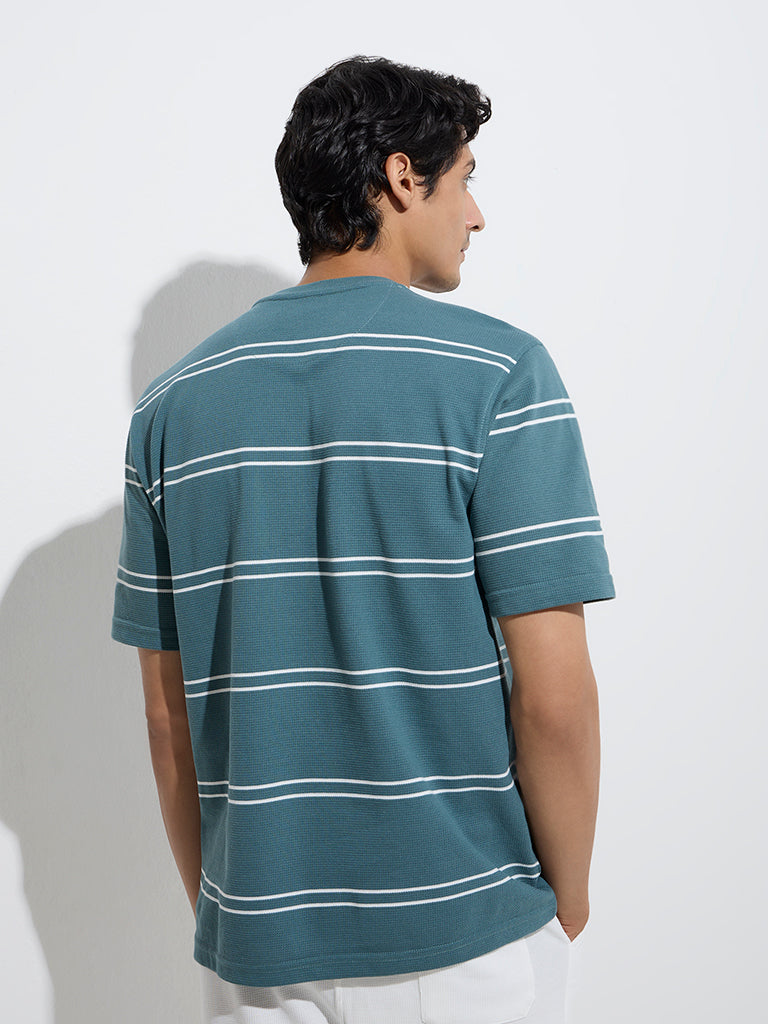 WES Lounge Teal Stripe Relaxed-Fit Cotton-Blend T-Shirt - Image 4