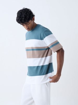 WES Lounge Teal Colour-Blocked Relaxed-Fit T-Shirt