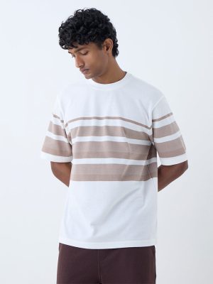 WES Lounge Brown Striped Relaxed-Fit Cotton-Blend T-Shirt