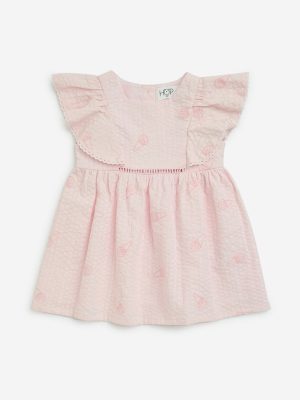 HOP Baby Pink Seersucker Cotton A-Line Dress