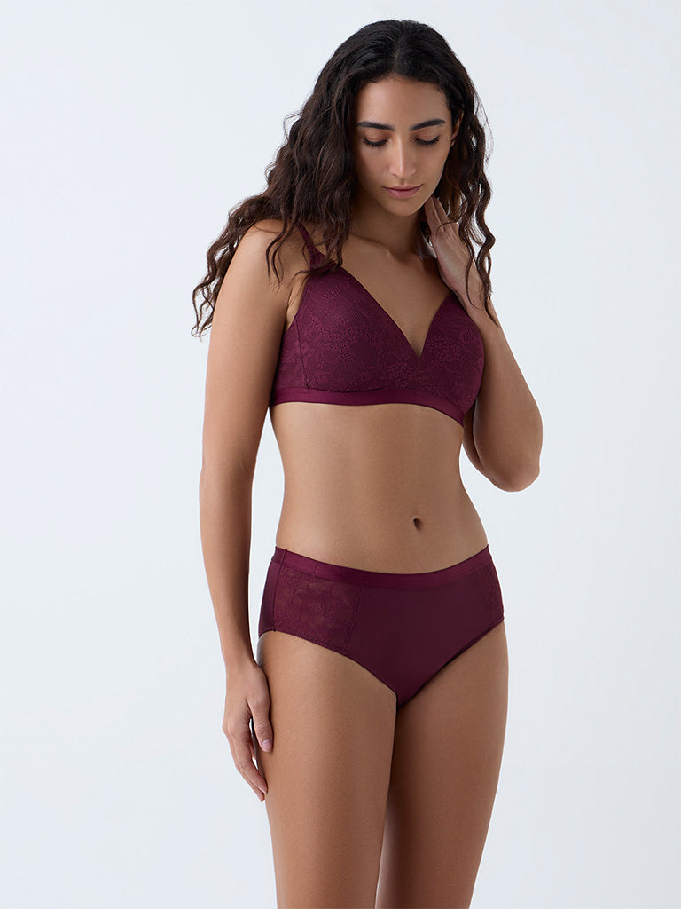Wunderlove Wine Lace-Detailed Hipster Briefs