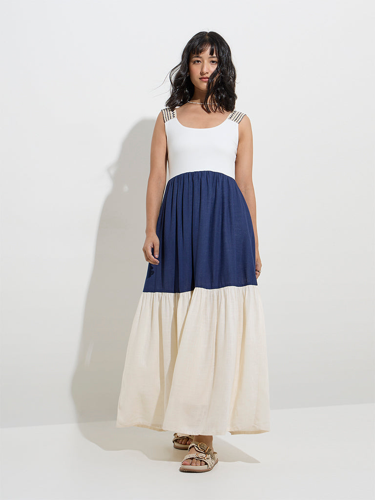 LOV Off-White Colour-Blocked Tiered Dress