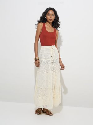 LOV Off-White Lace Detailed High-Rise Cotton Skirt