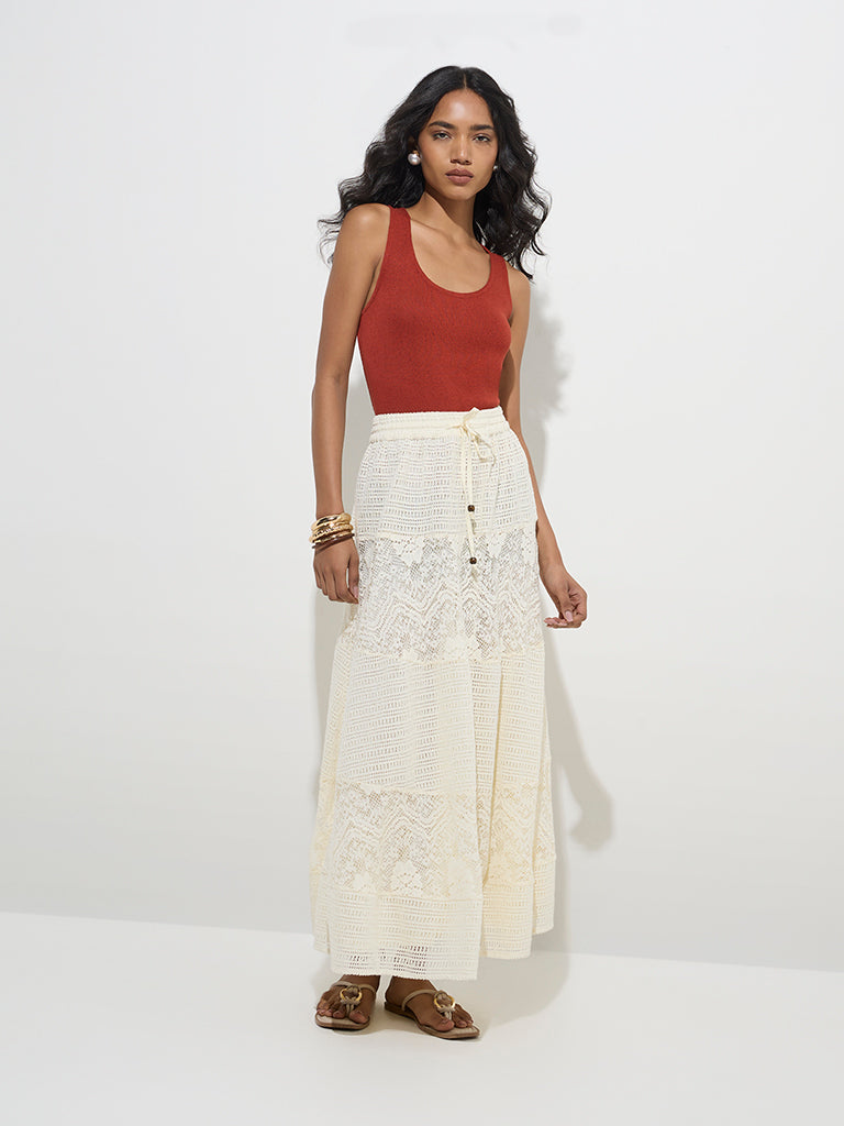LOV Off-White Lace Detailed High-Rise Cotton Skirt