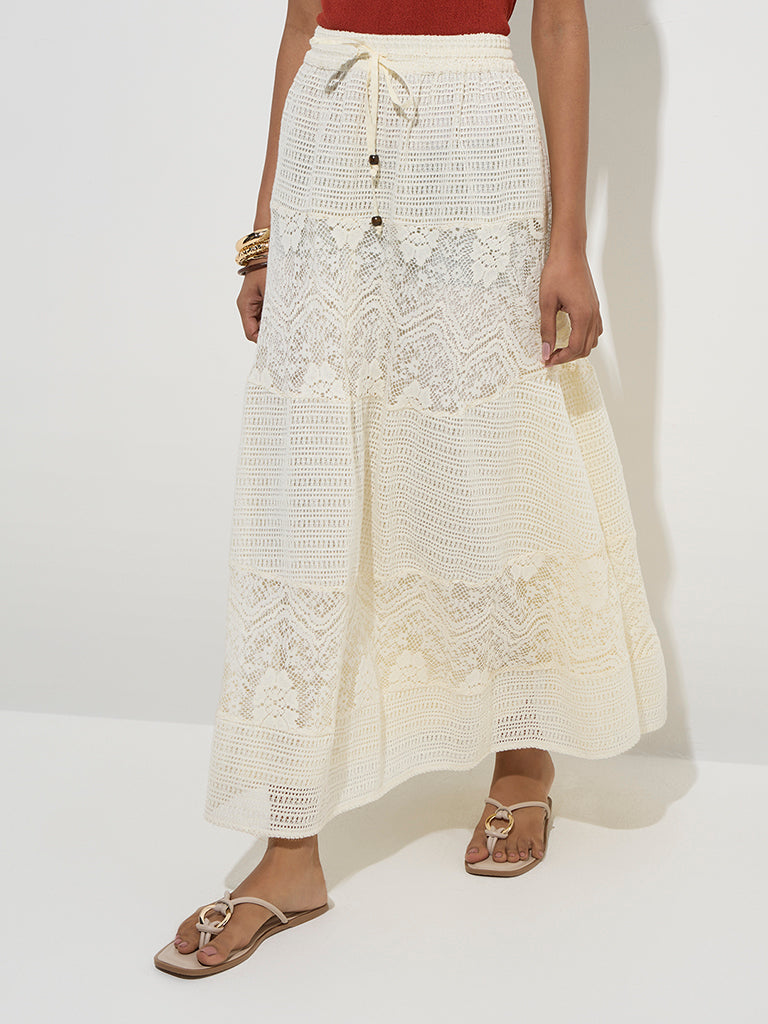 LOV Off-White Lace Detailed High-Rise Cotton Skirt - Image 2