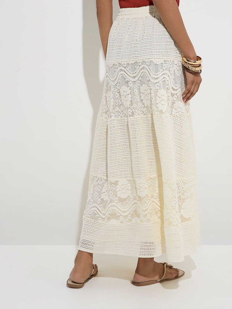 LOV Off-White Lace Detailed High-Rise Cotton Skirt - Image 4