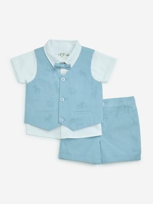 HOP Baby Blue Cotton Waistcoat. Shirt. Shorts and Bow Set
