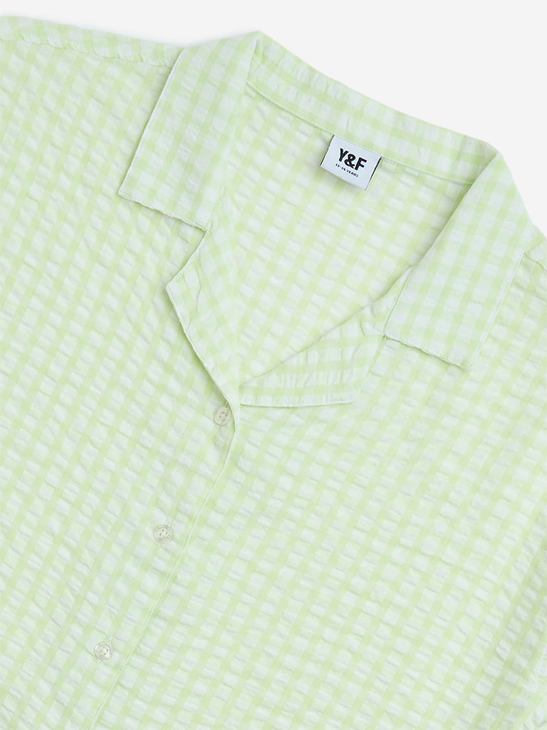 Y&F Kids Lime Checkered Cotton Shirt - Image 4