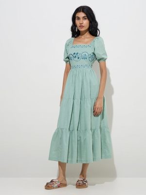 Bombay Paisley Green Floral Design Cotton Tiered Dress