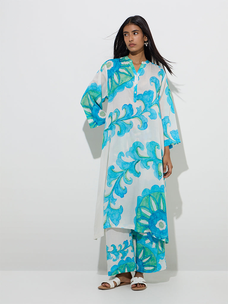 Utsa Blue Leaf Pattern A-Line Kurta