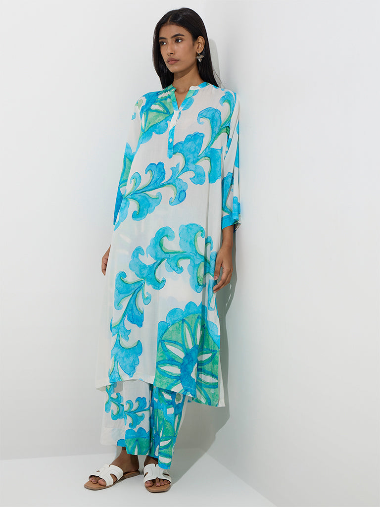 Utsa Blue Leaf Pattern A-Line Kurta - Image 2