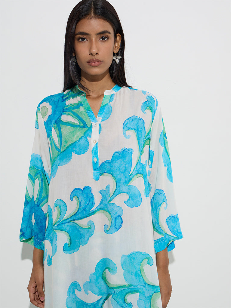 Utsa Blue Leaf Pattern A-Line Kurta - Image 3