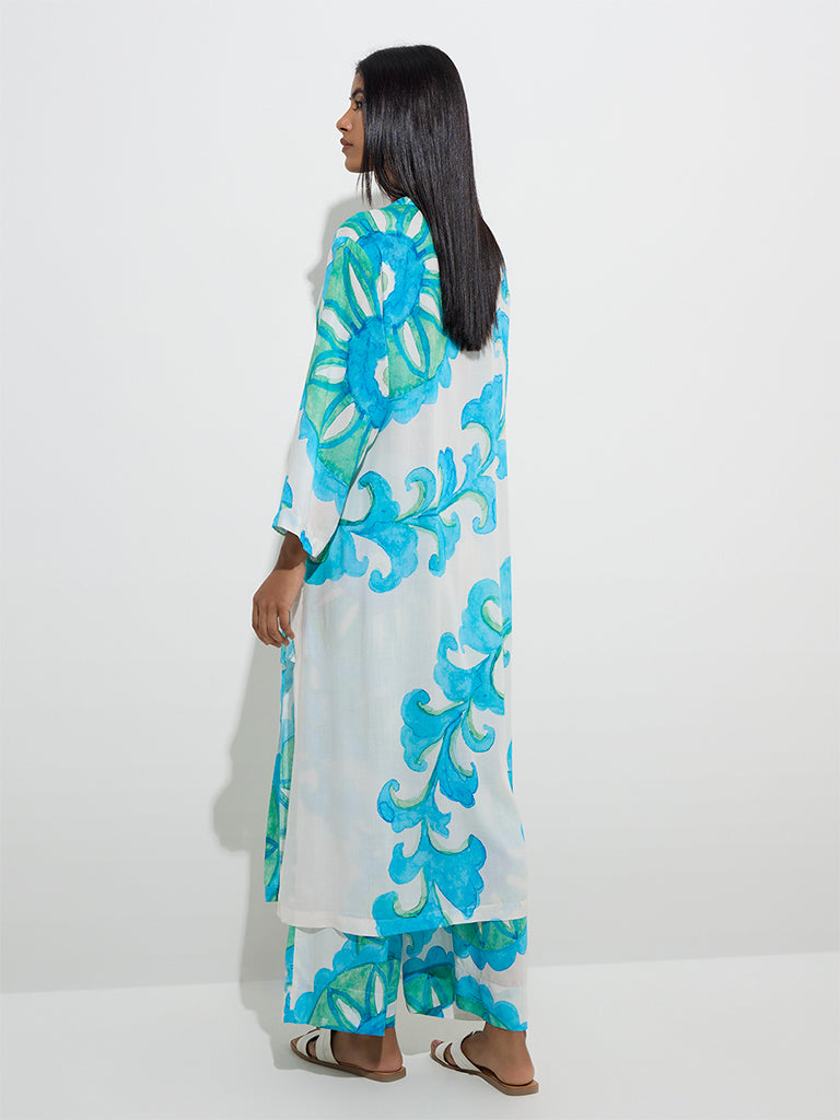 Utsa Blue Leaf Pattern A-Line Kurta - Image 4