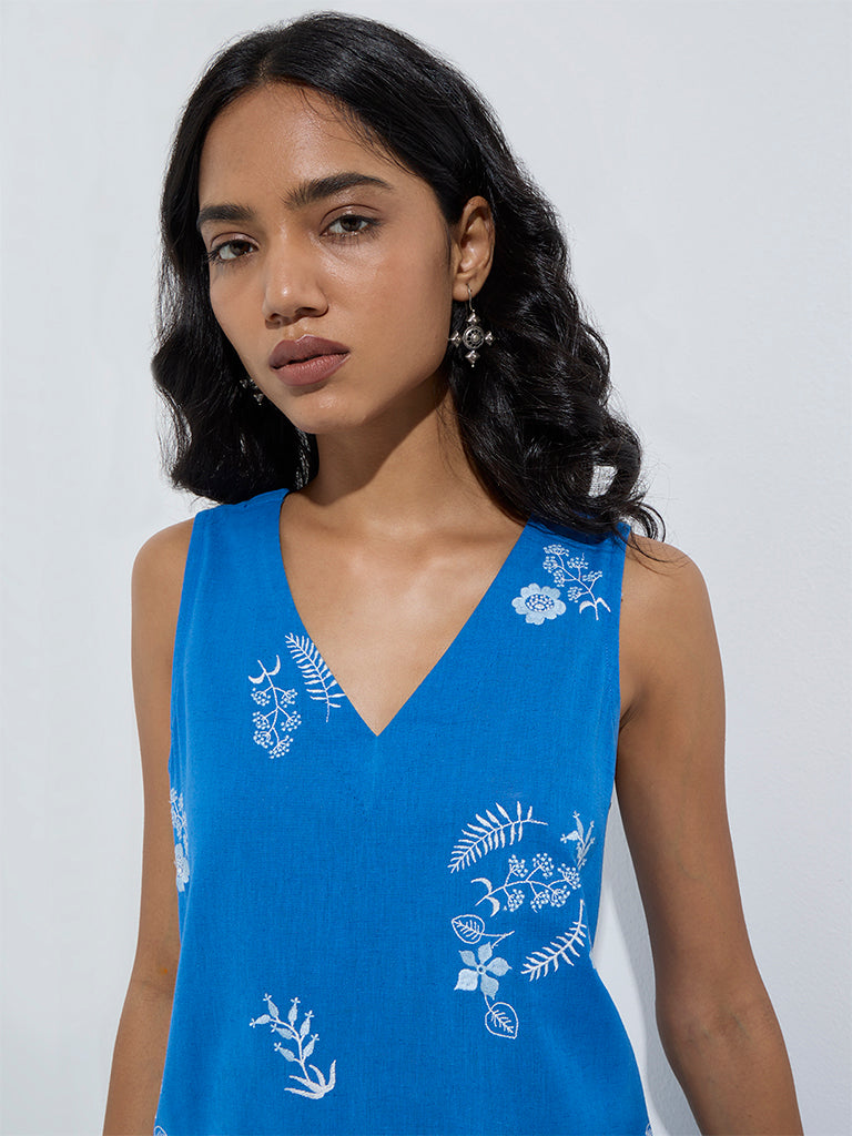 Utsa Blue Floral Design A-Line Cotton-Blend Kurta - Image 3