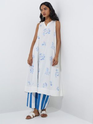 Utsa White Floral Design A-Line Cotton-Blend Kurta