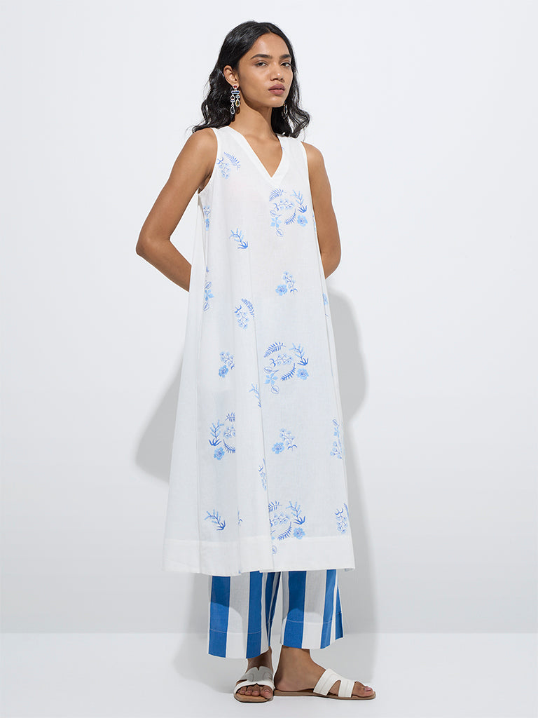 Utsa White Floral Design A-Line Cotton-Blend Kurta - Image 2