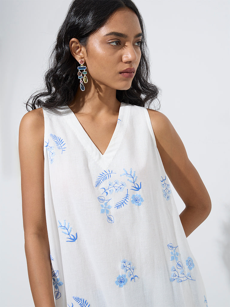Utsa White Floral Design A-Line Cotton-Blend Kurta - Image 3