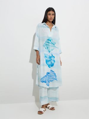 Utsa Light Blue Seashell Printed High-Low Kurta