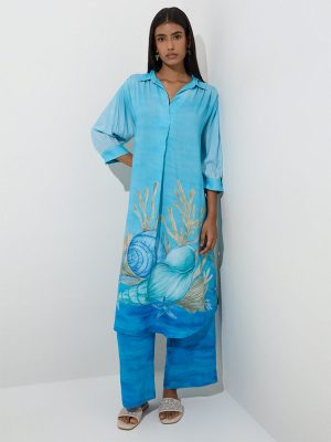 Utsa Cerulean Blue Seashell Design High-Low Kurta