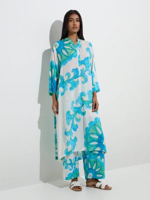 Utsa Blue Foliage Design Ethnic Pants