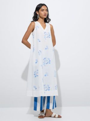 Utsa Blue Striped Cotton-Blend Palazzos