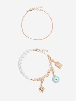 Westside Accessories Gold and Pearl Multi Charm Bracelet Set - Pack of 2