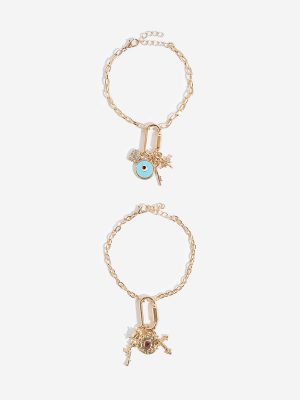 Westside Accessories Gold Multi Charm Chain Bracelet Set - Pack of 2