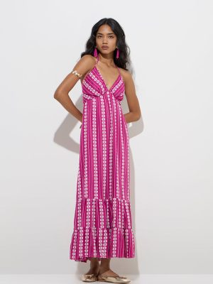 LOV Fuchsia Floral Embroidered Cotton Tiered Dress