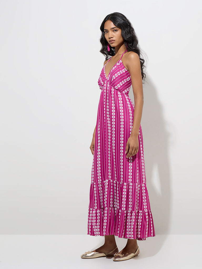 LOV Fuchsia Floral Embroidered Cotton Tiered Dress - Image 2