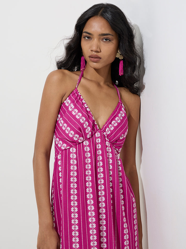 LOV Fuchsia Floral Embroidered Cotton Tiered Dress - Image 3