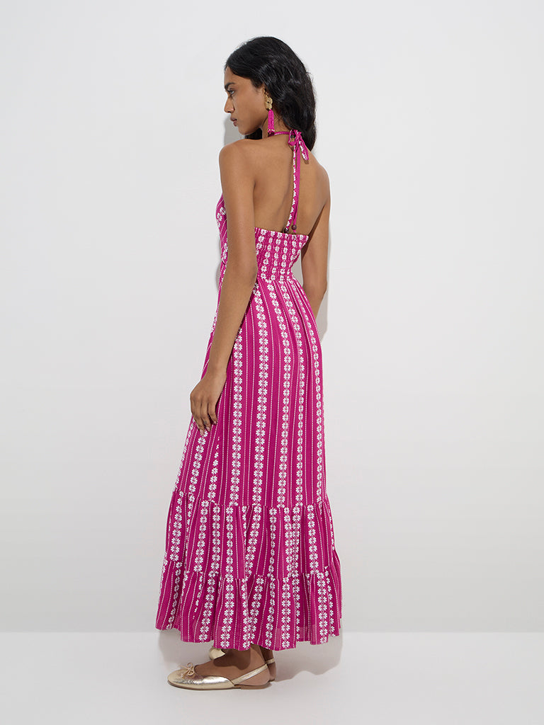 LOV Fuchsia Floral Embroidered Cotton Tiered Dress - Image 4