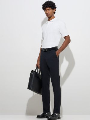 WES Formals Navy Ultra-Slim Fit Mid-Rise Trousers