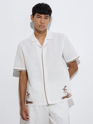 ETA White Embroidered Relaxed-Fit Linen Shirt