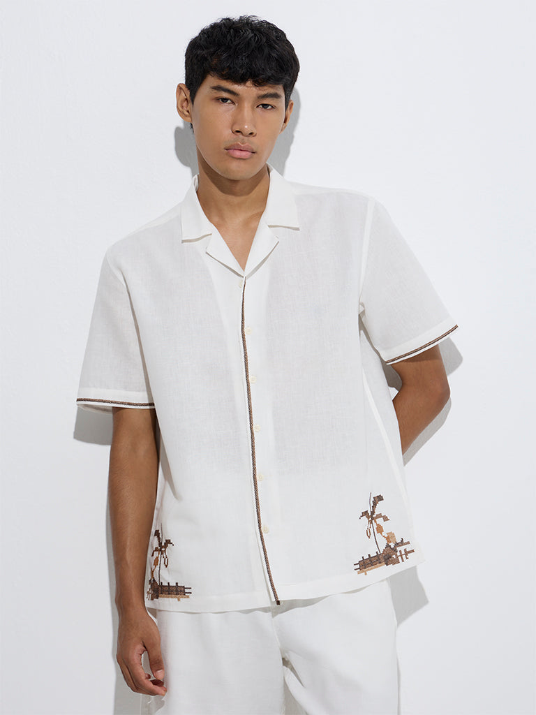 ETA White Embroidered Relaxed-Fit Linen Shirt