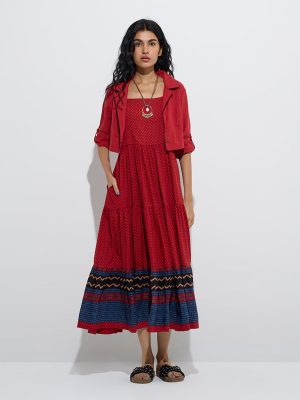 Bombay Paisley Red Polka Dotted Tiered Dress with Jacket