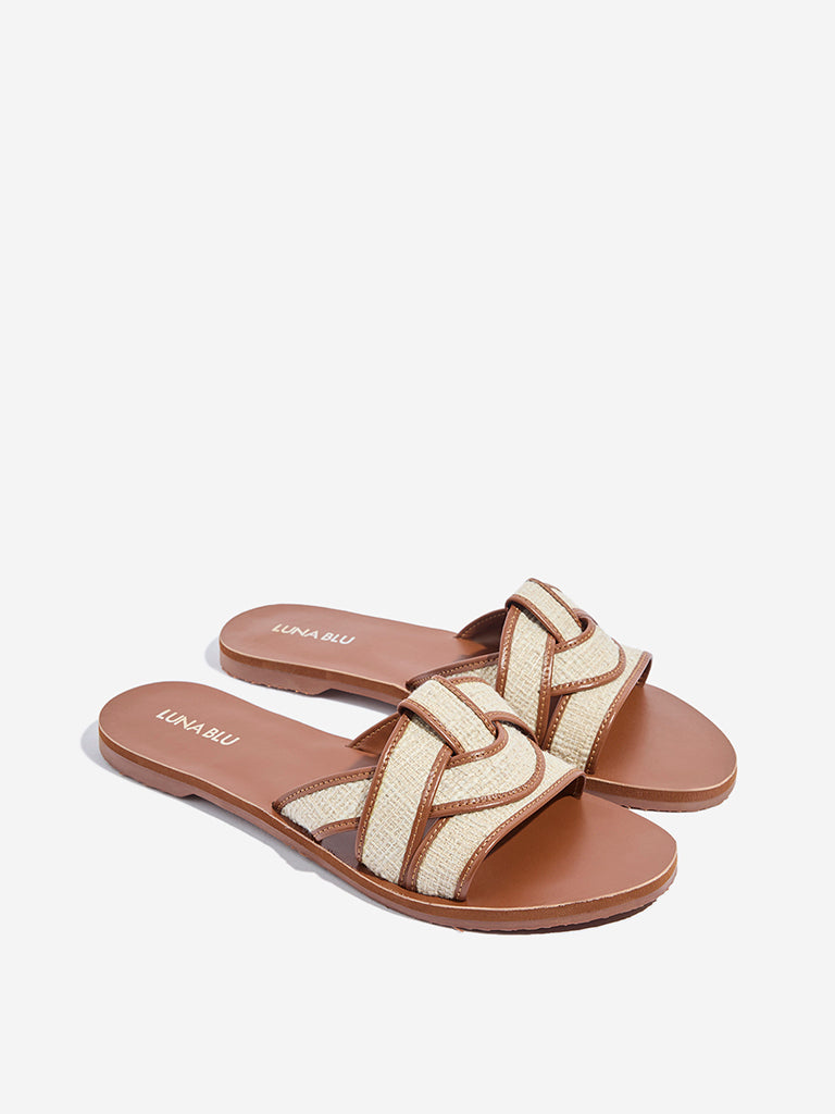 LUNA BLU Tan Woven-Textured Multi-Strap Slides - Image 2