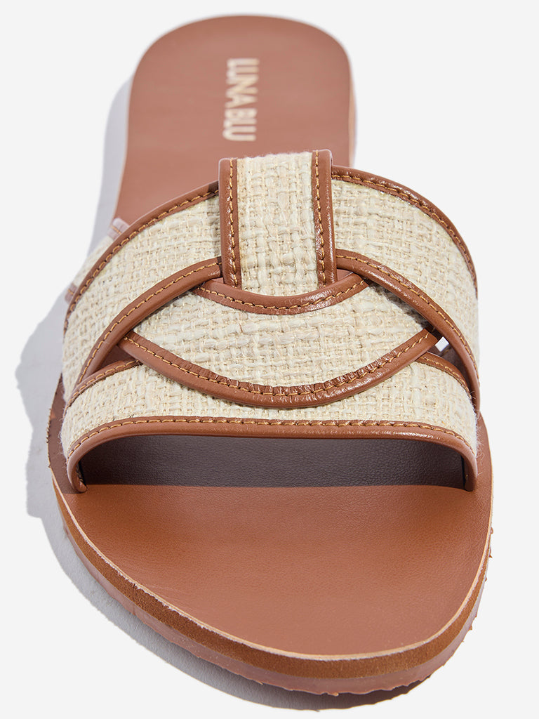 LUNA BLU Tan Woven-Textured Multi-Strap Slides - Image 3