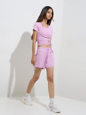 Studiofit Pink Ruched-Detailed High-Rise Cotton Shorts