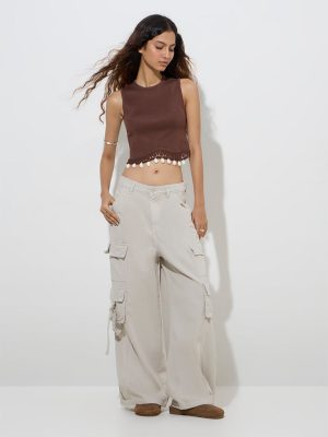 Nuon Brown Shell-Detailed Ribbed Top