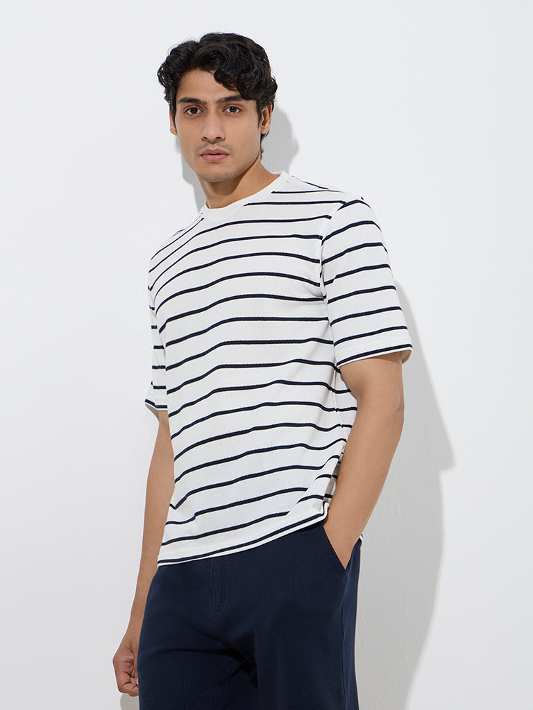 WES Lounge White Striped Relaxed-Fit Cotton-Blend T-Shirt