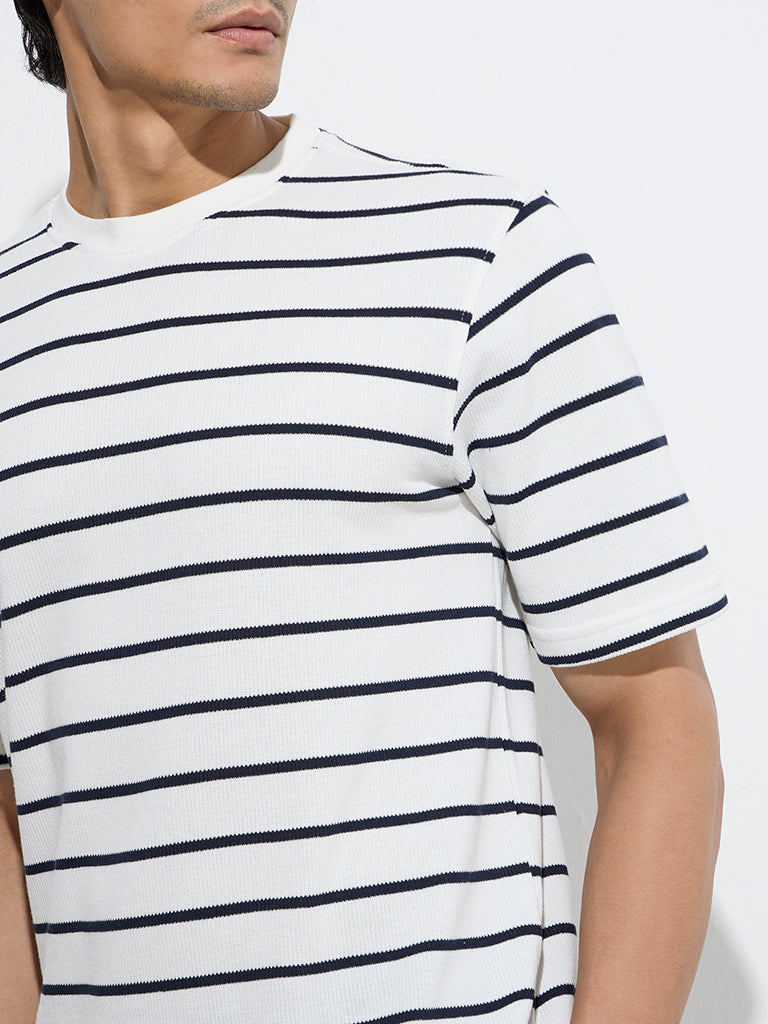 WES Lounge White Striped Relaxed-Fit Cotton-Blend T-Shirt - Image 3