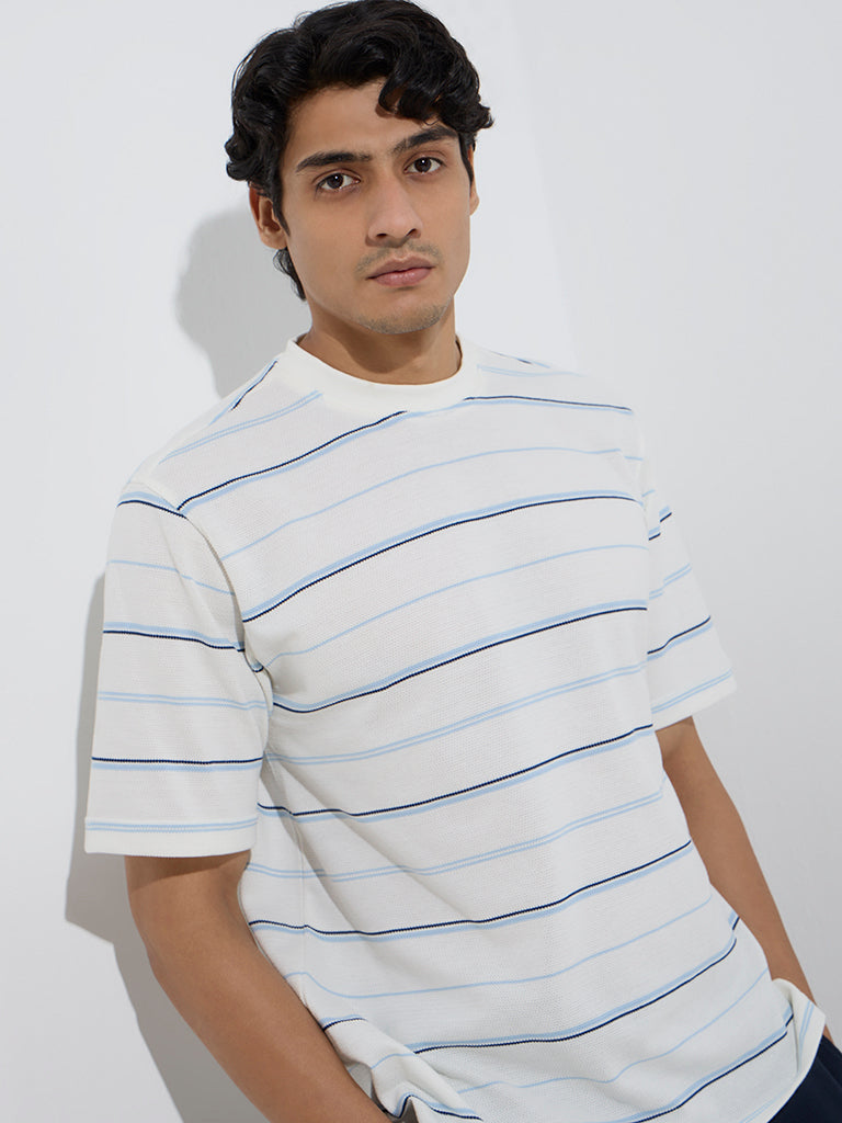 WES Lounge White Stripe Relaxed-Fit Cotton-Blend T-Shirt - Image 3