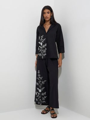 Utsa Black Floral Embroidered Cotton-Blend Palazzos