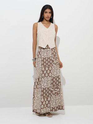 Utsa Taupe Floral Design Wrap-Style Cotton-Blend Skirt