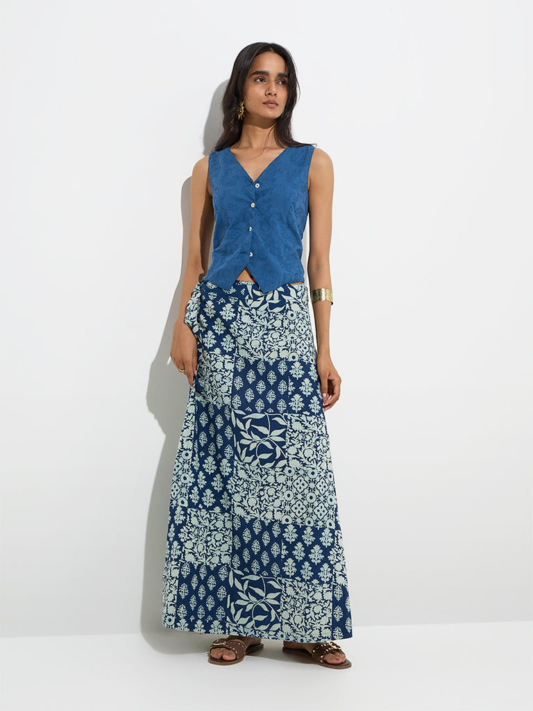 Utsa Navy Botanical Design Wrap-Style Cotton-Blend Skirt