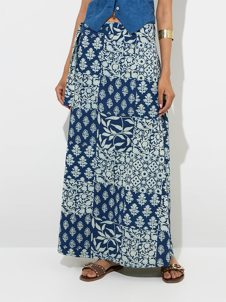 Utsa Navy Botanical Design Wrap-Style Cotton-Blend Skirt - Image 2