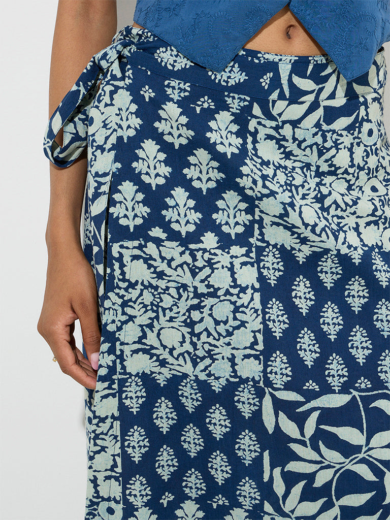 Utsa Navy Botanical Design Wrap-Style Cotton-Blend Skirt - Image 3