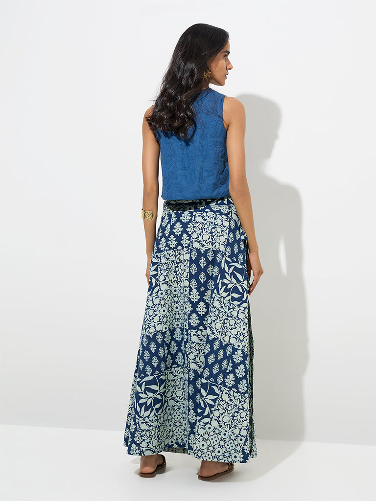 Utsa Navy Botanical Design Wrap-Style Cotton-Blend Skirt - Image 4